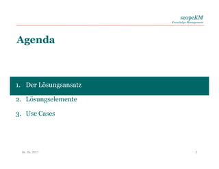 scopeKM
Knowledge Management
Agenda
1. Der Lösungsansatz
2. Lösungselemente
3. Use Cases
06. 06. 2017 2
 