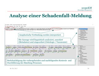 scopeKM
Knowledge Management
Analyse einer Schadenfall-Meldung
06. 06. 2017 24
Anaphorische Verbindung werden interpretiert
Berücksichtigung der vorhergehenden und nachfolgenden Kontexte und
Durchführung des Matching-Prozesses.
Die Aussage wird linguistisch analysiert, annotiert
(Metadaten) und eingeordnet (Ontologie / Taxonomie)
 