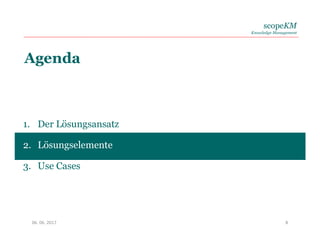 scopeKM
Knowledge Management
Agenda
1. Der Lösungsansatz
2. Lösungselemente
3. Use Cases
06. 06. 2017 8
 