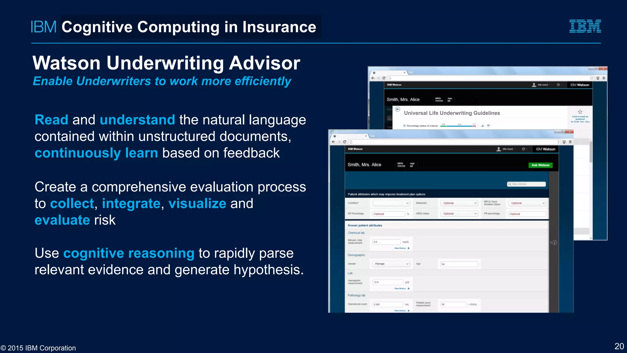 Watson Underwriting Advisor
Enable Underwriters to work more efficiently
Read and understand the natural language
contained within unstructured documents,
continuously learn based on feedback
Create a comprehensive evaluation process
to collect, integrate, visualize and
evaluate risk
Use cognitive reasoning to rapidly parse
relevant evidence and generate hypothesis.
© 2015 IBM Corporation
20
Maximum Age Criteria: Born after January 14, 1945.
DOB: 1/15/1950
Total Cholesterol = 276and HDL ratio= 5.1
No information provided in submission
Blood Pressure Reading: Not to exceed 140/80 age ≤ 55, Not to exceed
140/90 age > 55.
BP: 135/85
DUI/DWI history: no incidents in the last 5 years.
Cardiovascular disease: none.
No cardiovascular disease. Last examined 2 years ago.
Universal Life Underwriting Guidelines
Health History
20
Cognitive Computing in Insurance
 