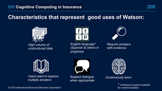 Characteristics that represent good uses of Watson:
© 2015 International Business Machines Corporation
High volume of
unstructured data
Users want to explore
multiple answers
English language*
(Spanish & others in
progress)
Support dialogue
when appropriate
Require answers
with evidence
Continuously learn
* multilingual support available
for content analytics
Cognitive Computing in Insurance
 