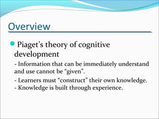 Overview
Piaget’s theory of cognitive
development
- Information that can be immediately understand
and use cannot be “given”.
- Learners must “construct” their own knowledge.
- Knowledge is built through experience.
 