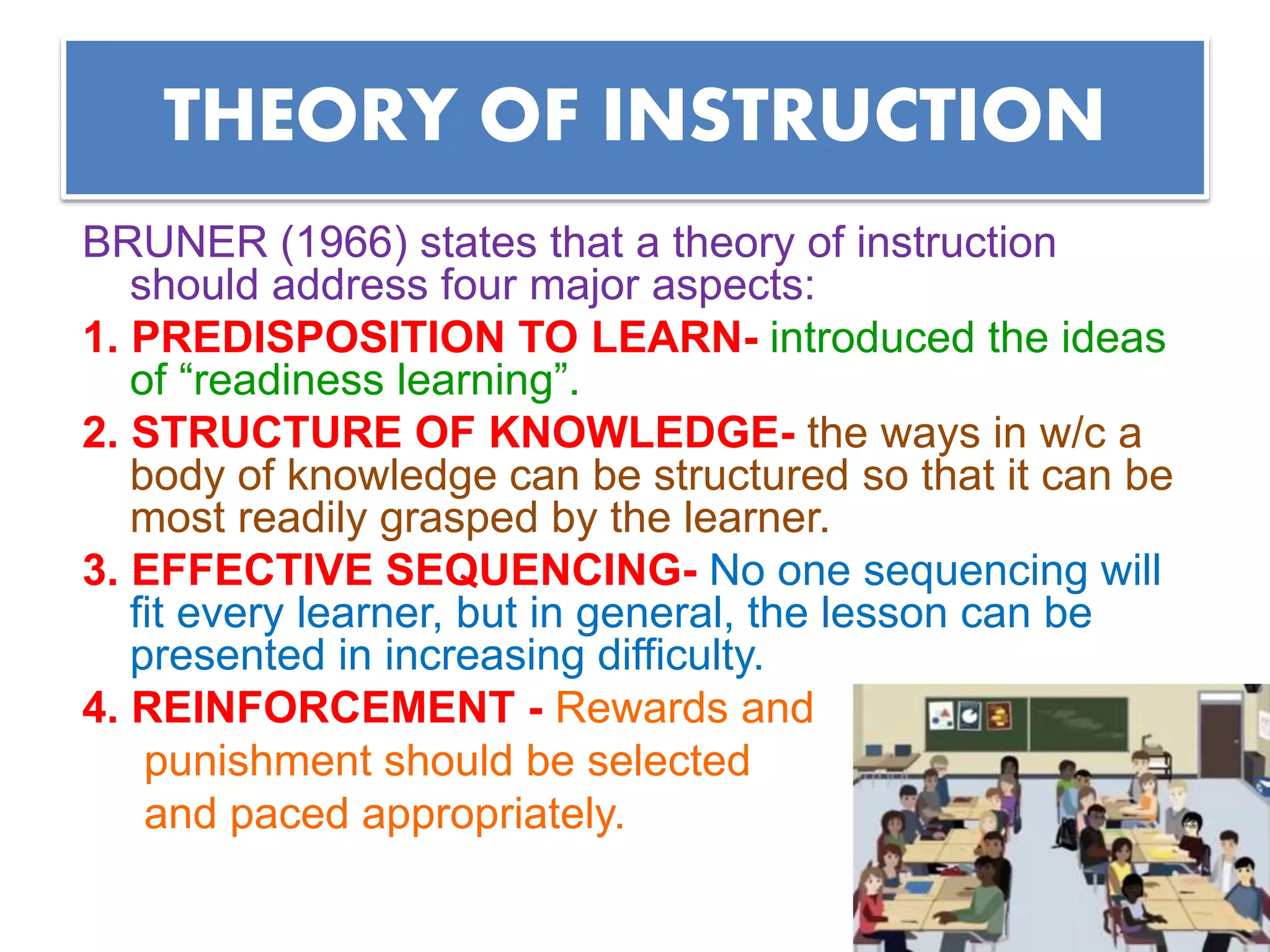 THEORY OF INSTRUCTION
BRUNER (1966) states that a theory of instruction
should address four major aspects:
1. PREDISPOSITION TO LEARN- introduced the ideas
of “readiness learning”.
2. STRUCTURE OF KNOWLEDGE- the ways in w/c a
body of knowledge can be structured so that it can be
most readily grasped by the learner.
3. EFFECTIVE SEQUENCING- No one sequencing will
fit every learner, but in general, the lesson can be
presented in increasing difficulty.
4. REINFORCEMENT - Rewards and
punishment should be selected
and paced appropriately.
 