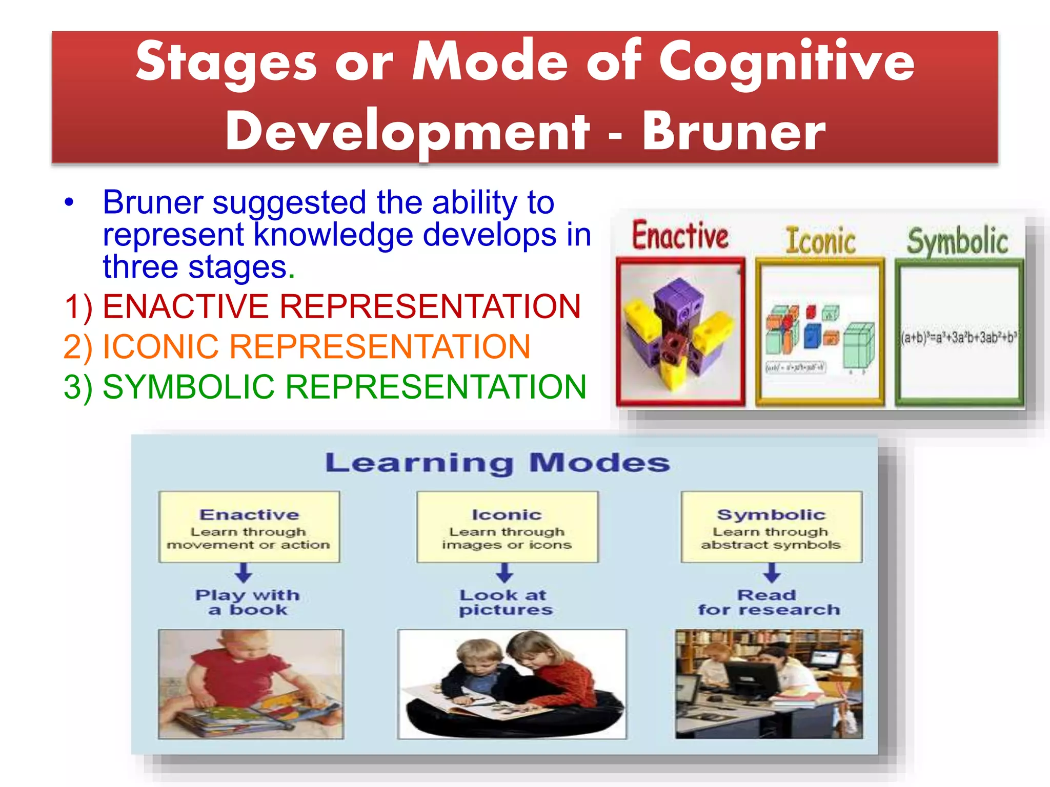 Stages or Mode of Cognitive
Development - Bruner
• Bruner suggested the ability to
represent knowledge develops in
three stages.
1) ENACTIVE REPRESENTATION
2) ICONIC REPRESENTATION
3) SYMBOLIC REPRESENTATION
 
