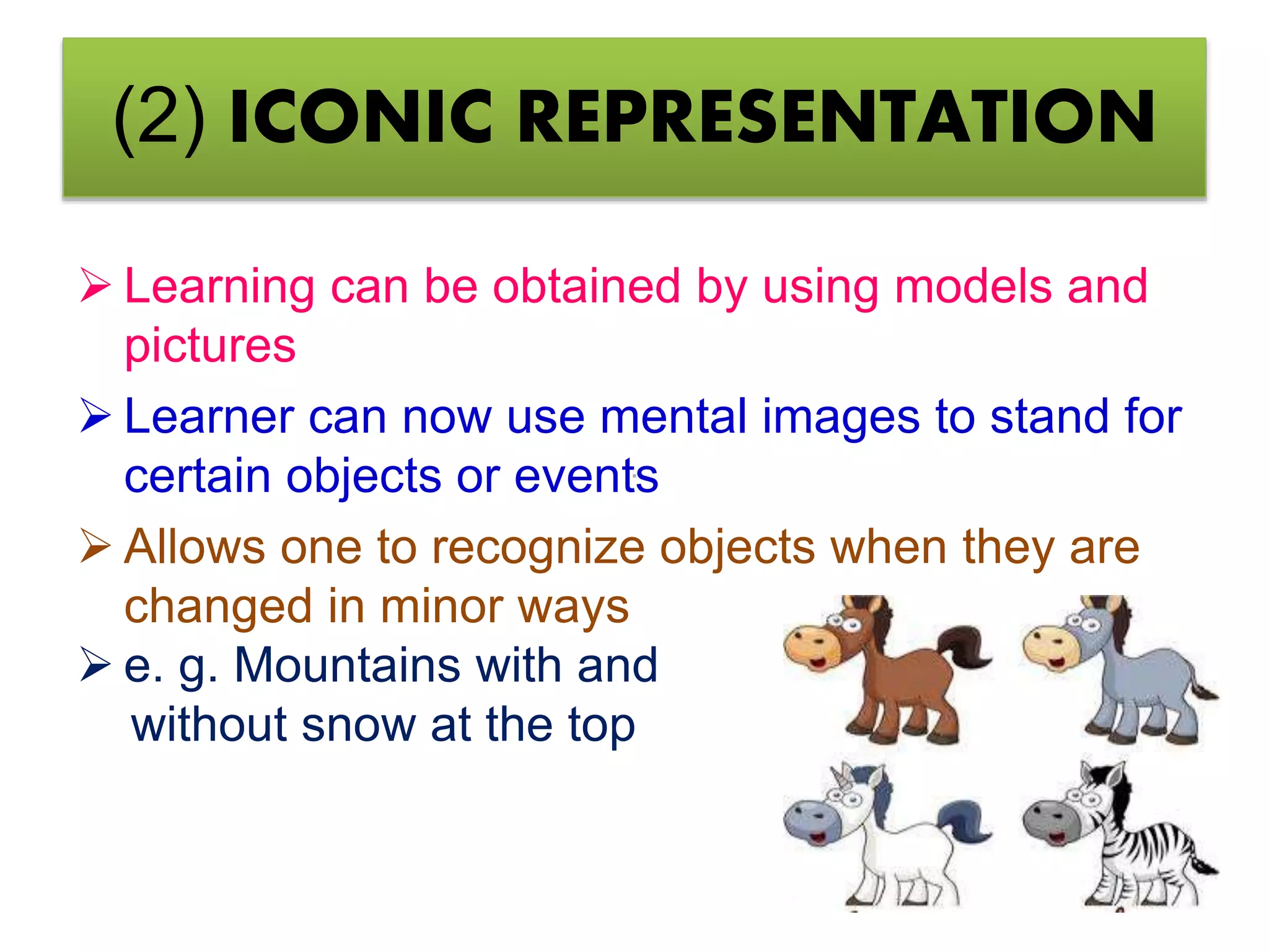 (2) ICONIC REPRESENTATION
 Learning can be obtained by using models and
pictures
 Learner can now use mental images to stand for
certain objects or events
 Allows one to recognize objects when they are
changed in minor ways
 e. g. Mountains with and
without snow at the top
 