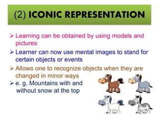 (2) ICONIC REPRESENTATION
 Learning can be obtained by using models and
pictures
 Learner can now use mental images to stand for
certain objects or events
 Allows one to recognize objects when they are
changed in minor ways
 e. g. Mountains with and
without snow at the top
 