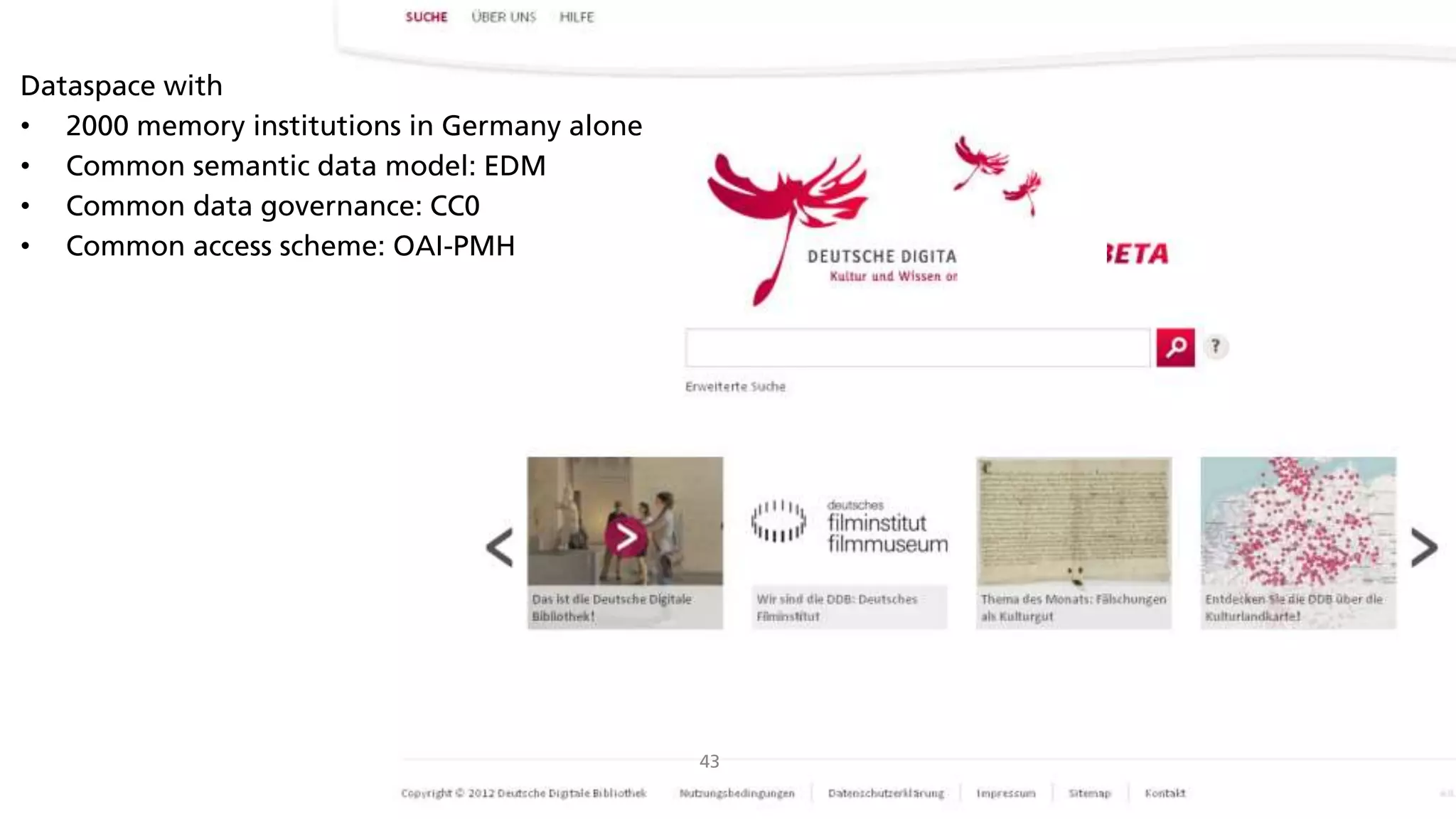 --- VERTRAULICH ---
43
Dataspace with
• 2000 memory institutions in Germany alone
• Common semantic data model: EDM
• Common data governance: CC0
• Common access scheme: OAI-PMH
 