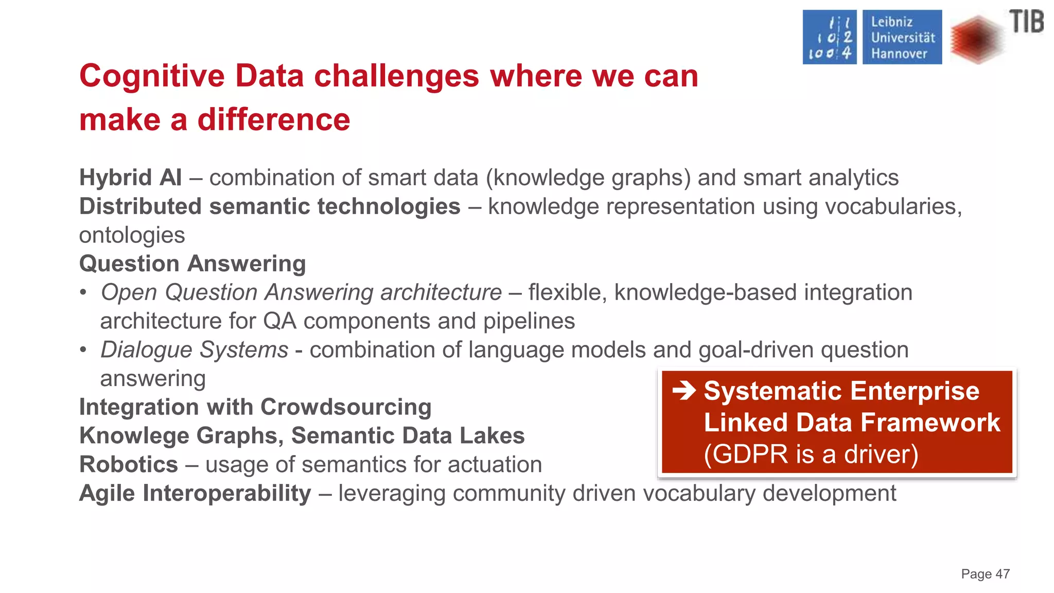 Page 47
Hybrid AI – combination of smart data (knowledge graphs) and smart analytics
Distributed semantic technologies – knowledge representation using vocabularies,
ontologies
Question Answering
• Open Question Answering architecture – flexible, knowledge-based integration
architecture for QA components and pipelines
• Dialogue Systems - combination of language models and goal-driven question
answering
Integration with Crowdsourcing
Knowlege Graphs, Semantic Data Lakes
Robotics – usage of semantics for actuation
Agile Interoperability – leveraging community driven vocabulary development
Cognitive Data challenges where we can
make a difference
 Systematic Enterprise
Linked Data Framework
(GDPR is a driver)
 