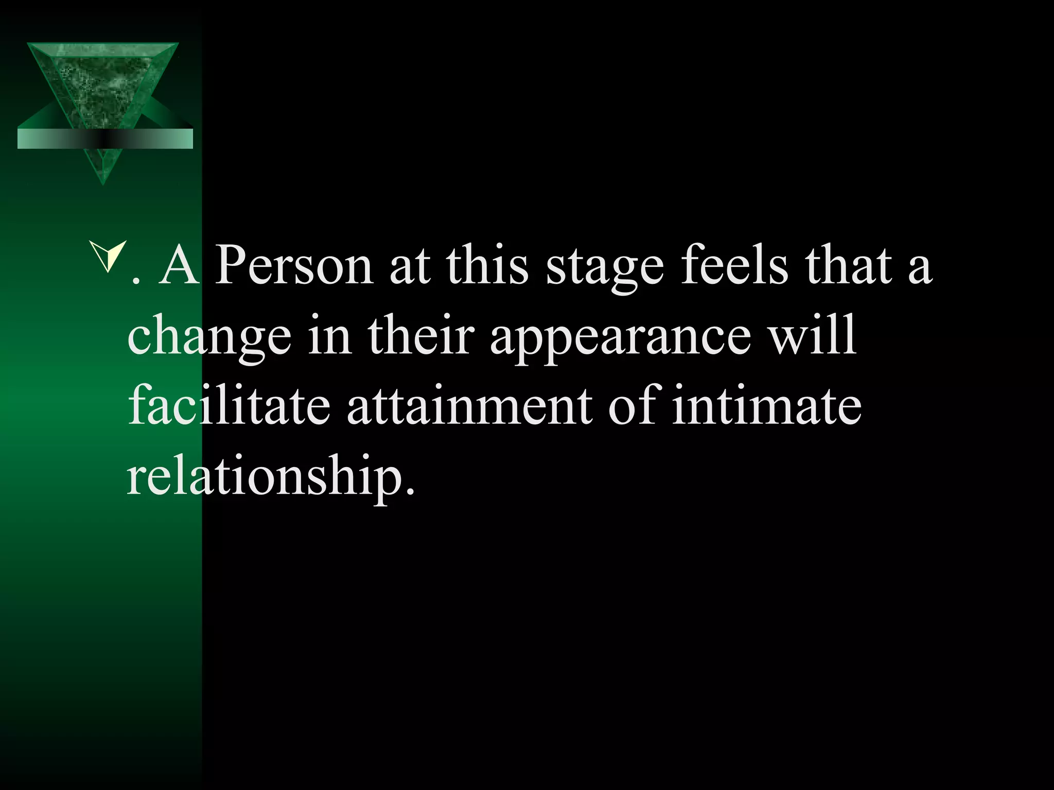 . A Person at this stage feels that a
 change in their appearance will
 facilitate attainment of intimate
 relationship.
 
