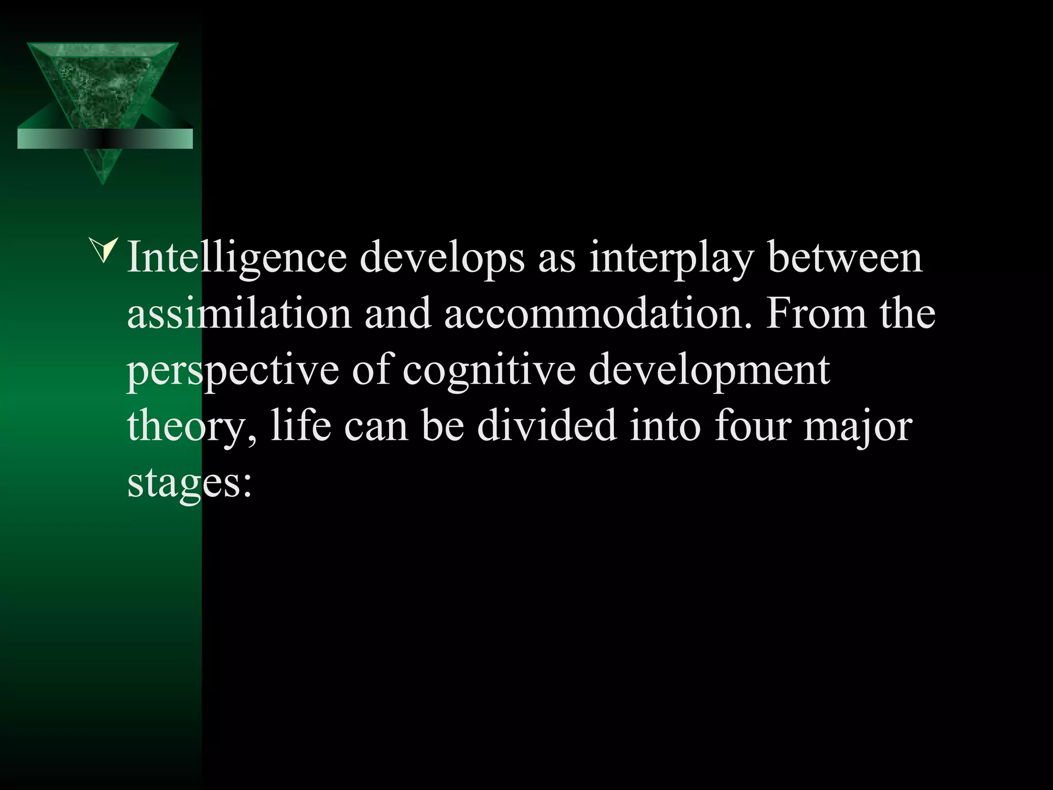  Intelligence develops as interplay between
  assimilation and accommodation. From the
  perspective of cognitive development
  theory, life can be divided into four major
  stages:
 