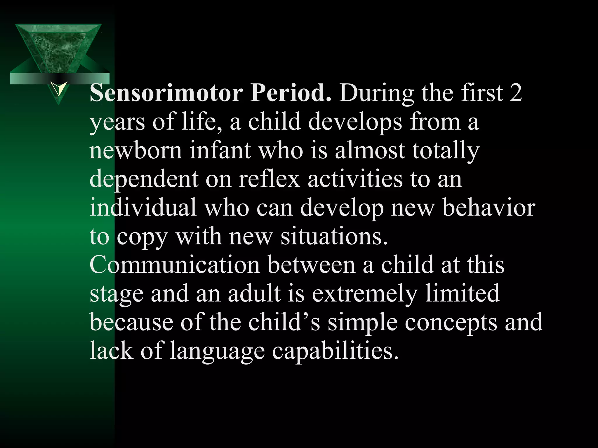  Sensorimotor Period. During the first 2
   years of life, a child develops from a
   newborn infant who is almost totally
   dependent on reflex activities to an
   individual who can develop new behavior
   to copy with new situations.
   Communication between a child at this
   stage and an adult is extremely limited
   because of the child’s simple concepts and
   lack of language capabilities.
 