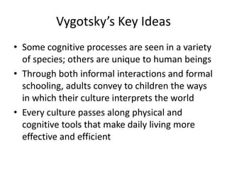 Vygotsky’s Key IdeasSome cognitive processes are seen in a variety of species; others are unique to human beingsThrough both informal interactions and formal schooling, adults convey to children the ways in which their culture interprets the worldEvery culture passes along physical and cognitive tools that make daily living more effective and efficient