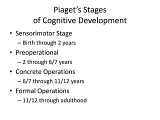 Piaget’s Stagesof Cognitive DevelopmentSensorimotor StageBirth through 2 yearsPreoperational2 through 6/7 yearsConcrete Operations6/7 through 11/12 yearsFormal Operations11/12 through adulthood