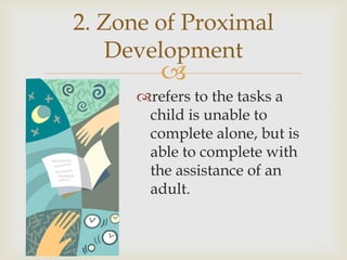 2. Zone of Proximal
    Development
        
     refers to the tasks a
      child is unable to
      complete alone, but is
      able to complete with
      the assistance of an
      adult.
 