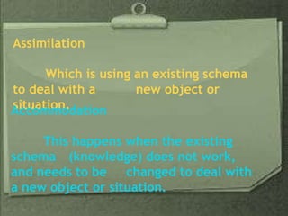 Assimilation
Which is using an existing schema
to deal with a new object or
situation.Accommodation
This happens when the existing
schema (knowledge) does not work,
and needs to be changed to deal with
a new object or situation.
 