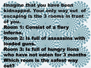 Imagine that you have been
kidnapped. Your only way out of
escaping is the 3 rooms in front
of you.
Room 1: Consist of a fiery
inferno.
Room 2: Is full of assassins with
loaded guns.
Room 3: Is full of hungry lions
who have not eaten for 3 months
Which room is the safest way
out?
 