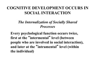COGNITIVE DEVELOPMENT OCCURS IN
SOCIAL INTERACTION
The Internalization of Socially Shared
Processes
Every psychological function occurs twice,
first at the “intermental” level (between
people who are involved in social interaction),
and later at the “intramental” level (within
the individual)
 