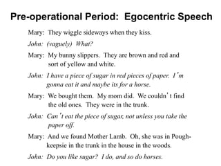 Pre-operational Period: Egocentric Speech
Mary: They wiggle sideways when they kiss.
John: (vaguely) What?
Mary: My bunny slippers. They are brown and red and
sort of yellow and white.
John: I have a piece of sugar in red pieces of paper. I’m
gonna eat it and maybe its for a horse.
Mary: We bought them. My mom did. We couldn’t find
the old ones. They were in the trunk.
John: Can’t eat the piece of sugar, not unless you take the
paper off.
Mary: And we found Mother Lamb. Oh, she was in Pough-
keepsie in the trunk in the house in the woods.
John: Do you like sugar? I do, and so do horses.
 