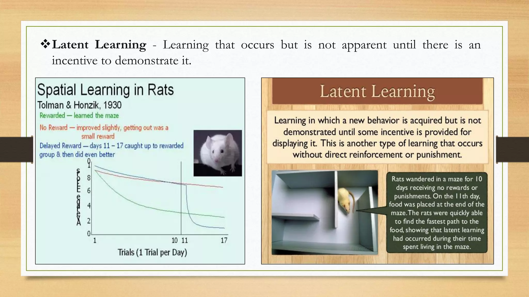 ❖Latent Learning - Learning that occurs but is not apparent until there is an
incentive to demonstrate it.
 
