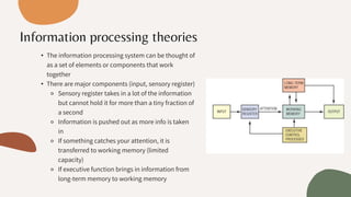 • The information processing system can be thought of
as a set of elements or components that work
together
• There are major components (input, sensory register)
⚬ Sensory register takes in a lot of the information
but cannot hold it for more than a tiny fraction of
a second
⚬ Information is pushed out as more info is taken
in
⚬ If something catches your attention, it is
transferred to working memory (limited
capacity)
⚬ If executive function brings in information from
long-term memory to working memory
Information processing theories
 
