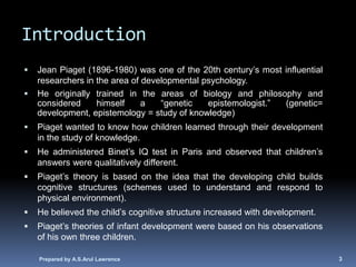 Introduction
   Jean Piaget (1896-1980) was one of the 20th century‘s most influential
    researchers in the area of developmental psychology.
   He originally trained in the areas of biology and philosophy and
    considered     himself     a   ―genetic   epistemologist.‖ (genetic=
    development, epistemology = study of knowledge)
   Piaget wanted to know how children learned through their development
    in the study of knowledge.
   He administered Binet‘s IQ test in Paris and observed that children‘s
    answers were qualitatively different.
   Piaget‘s theory is based on the idea that the developing child builds
    cognitive structures (schemes used to understand and respond to
    physical environment).
   He believed the child‘s cognitive structure increased with development.
   Piaget‘s theories of infant development were based on his observations
    of his own three children.

    Prepared by A.S.Arul Lawrence                                             3
 