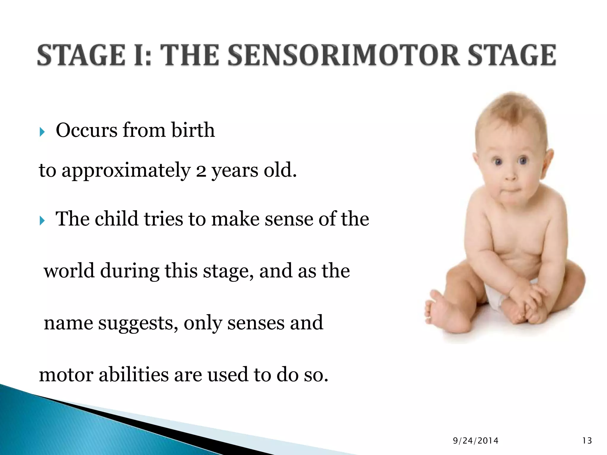  Occurs from birth 
to approximately 2 years old. 
 The child tries to make sense of the 
world during this stage, and as the 
name suggests, only senses and 
motor abilities are used to do so. 
9/24/2014 13 
 