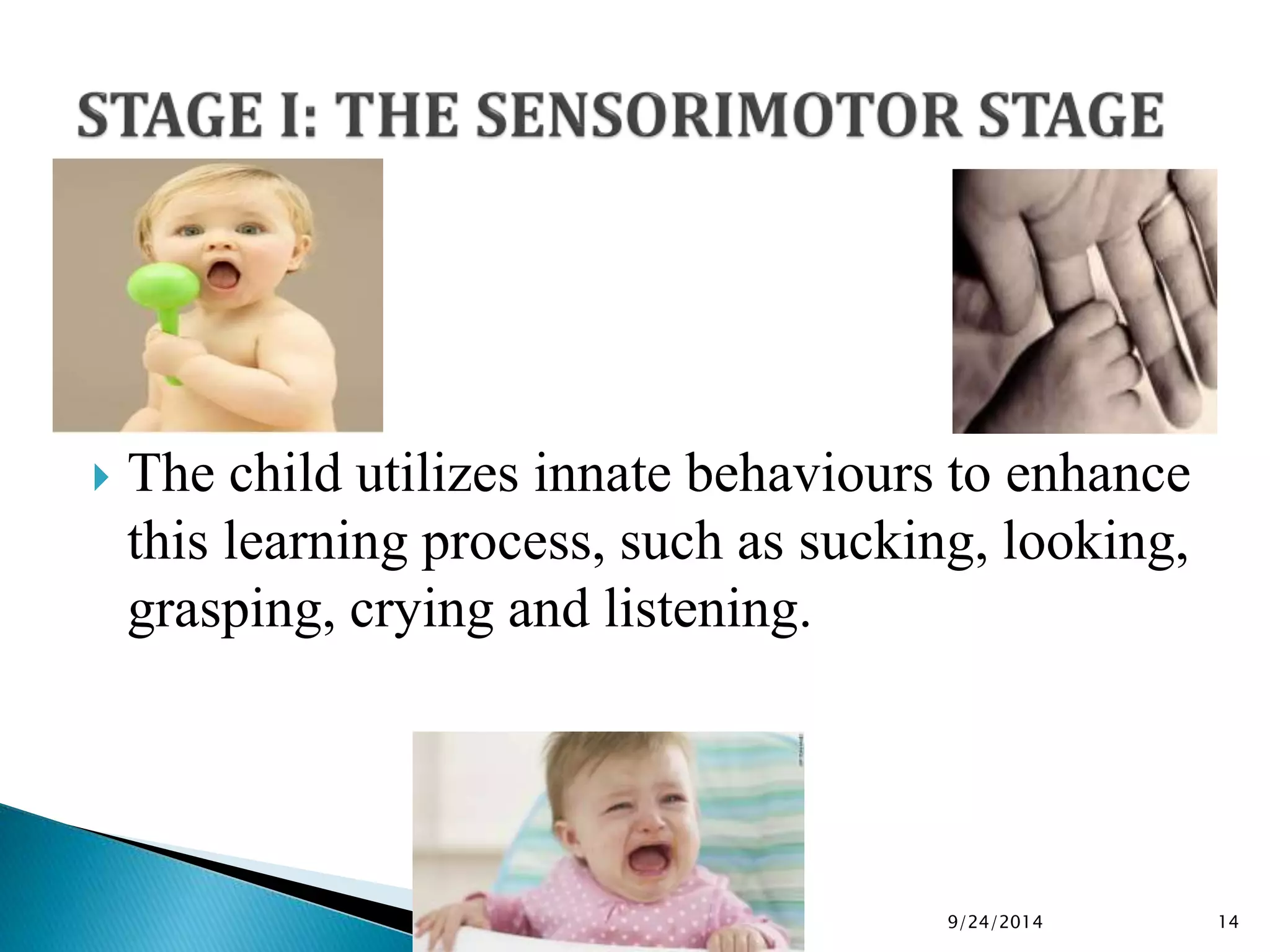  The child utilizes innate behaviours to enhance 
this learning process, such as sucking, looking, 
grasping, crying and listening. 
9/24/2014 14 
 