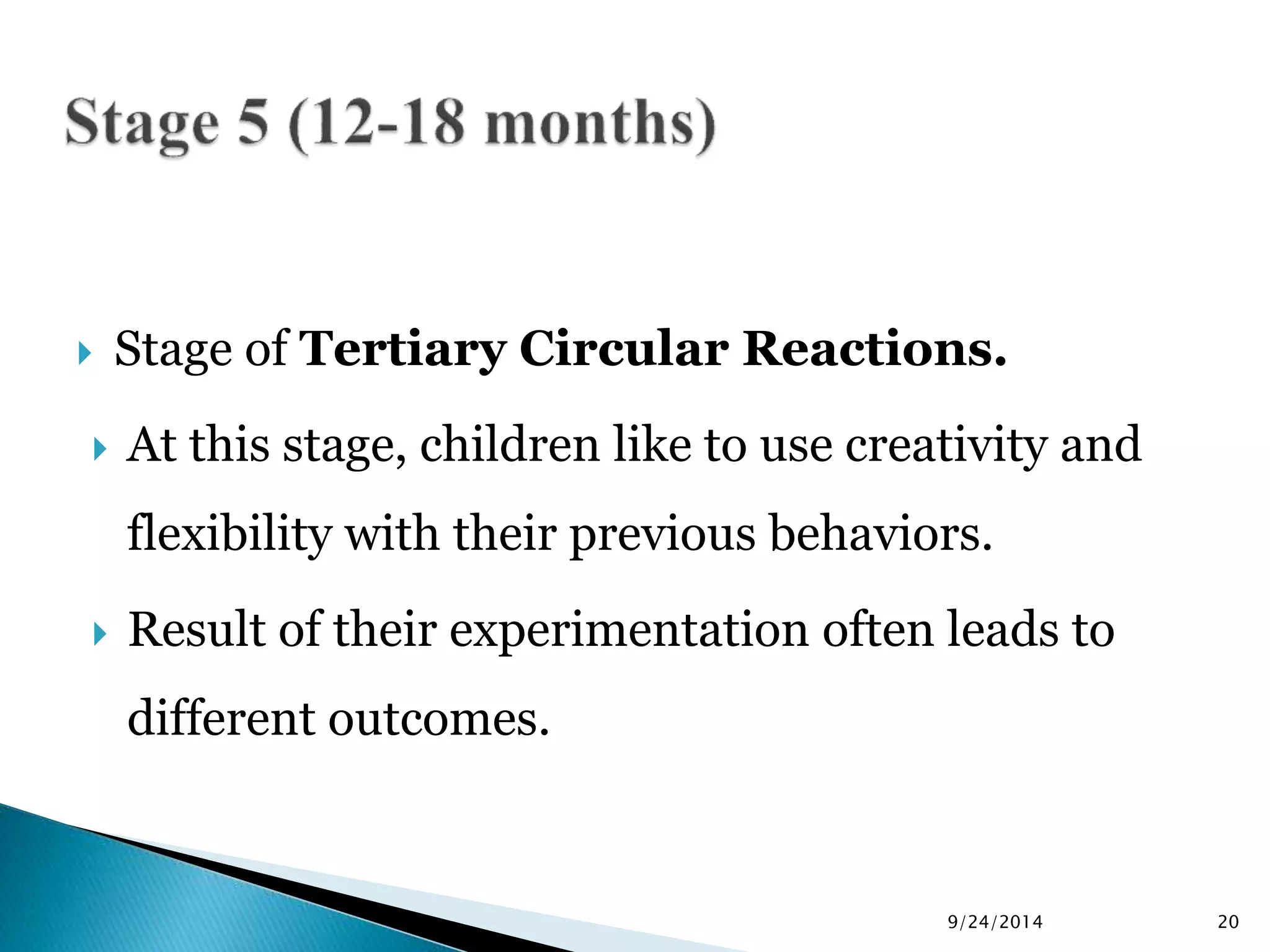  Stage of Tertiary Circular Reactions. 
 At this stage, children like to use creativity and 
flexibility with their previous behaviors. 
 Result of their experimentation often leads to 
different outcomes. 
9/24/2014 20 
 