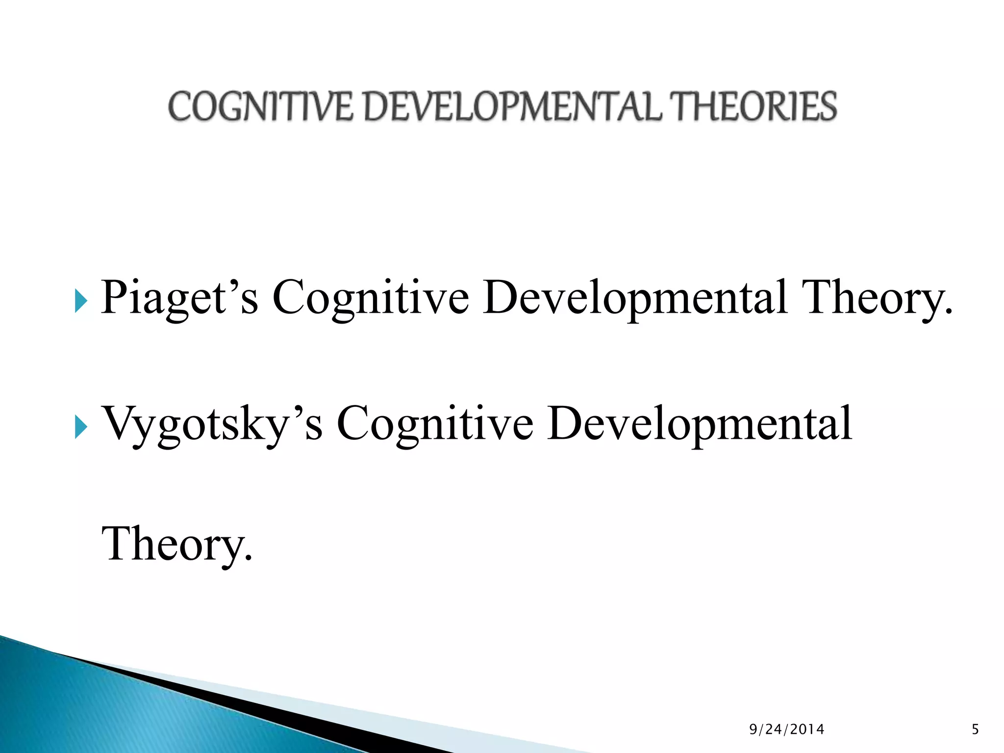  Piaget’s Cognitive Developmental Theory. 
 Vygotsky’s Cognitive Developmental 
Theory. 
9/24/2014 5 
 