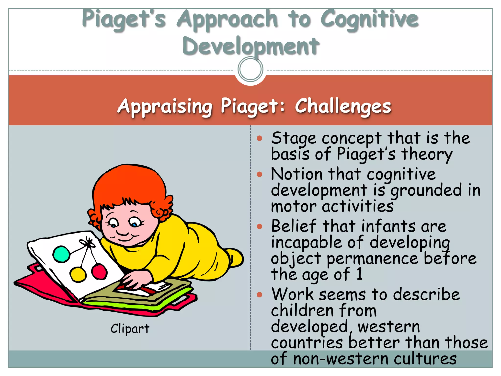 Piaget’s Approach to Cognitive
         Development

   Appraising Piaget: Challenges
                  Stage concept that is the
                   basis of Piaget’s theory
                  Notion that cognitive
                   development is grounded in
                   motor activities
                  Belief that infants are
                   incapable of developing
                   object permanence before
                   the age of 1
                  Work seems to describe
                   children from
  Clipart          developed, western
                   countries better than those
                   of non-western cultures
 