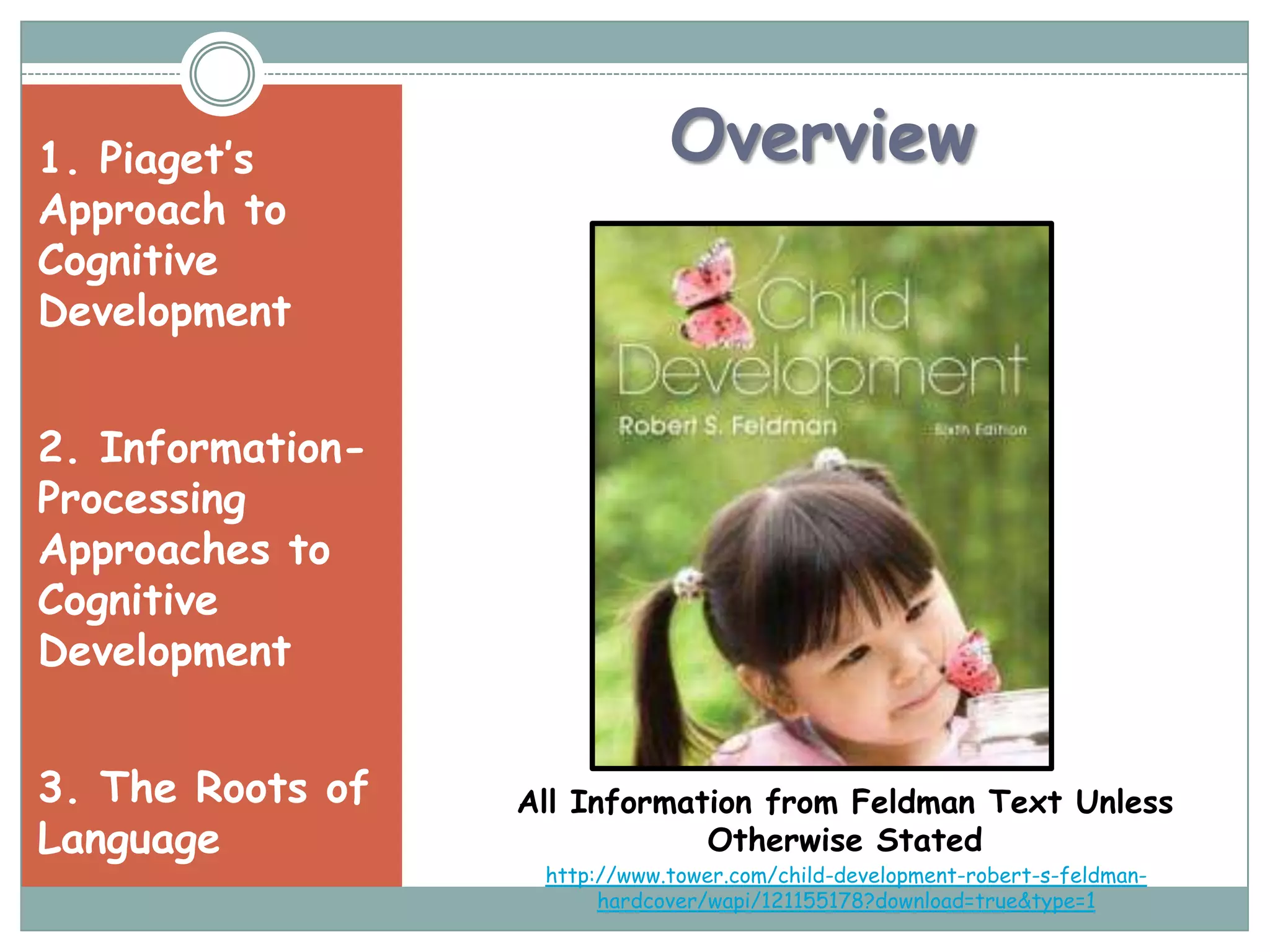 1. Piaget’s                   Overview
Approach to
Cognitive
Development


2. Information-
Processing
Approaches to
Cognitive
Development


3. The Roots of   All Information from Feldman Text Unless
Language                      Otherwise Stated
                   http://www.tower.com/child-development-robert-s-feldman-
                        hardcover/wapi/121155178?download=true&type=1
 