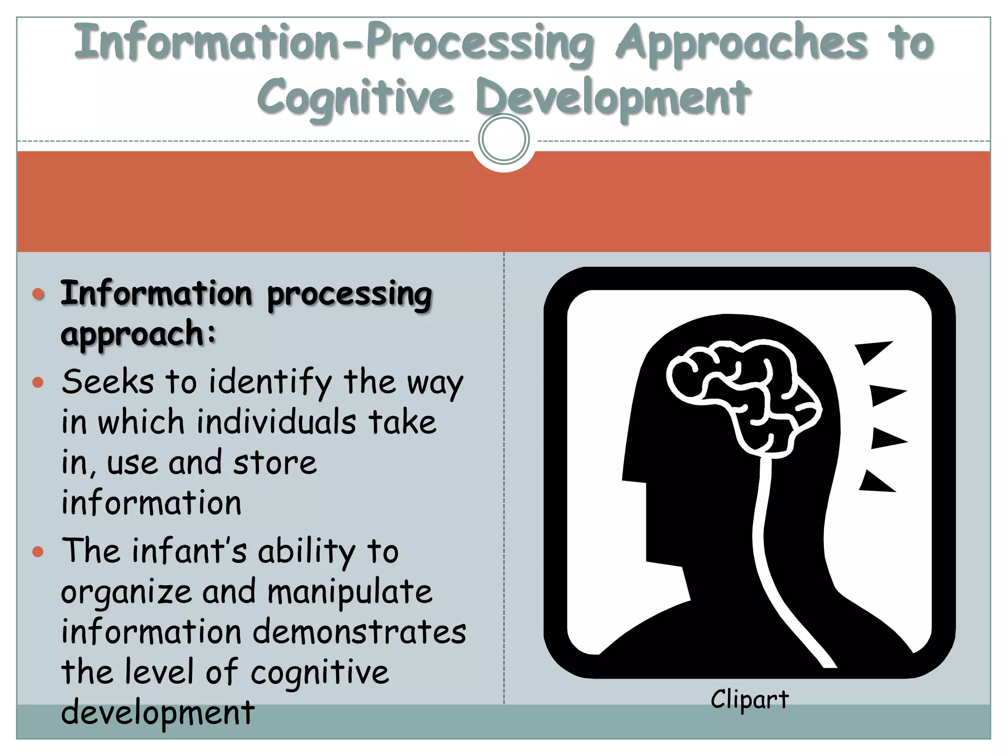 Information-Processing Approaches to
         Cognitive Development



 Information processing
  approach:
 Seeks to identify the way
  in which individuals take
  in, use and store
  information
 The infant’s ability to
  organize and manipulate
  information demonstrates
  the level of cognitive
                              Clipart
  development
 