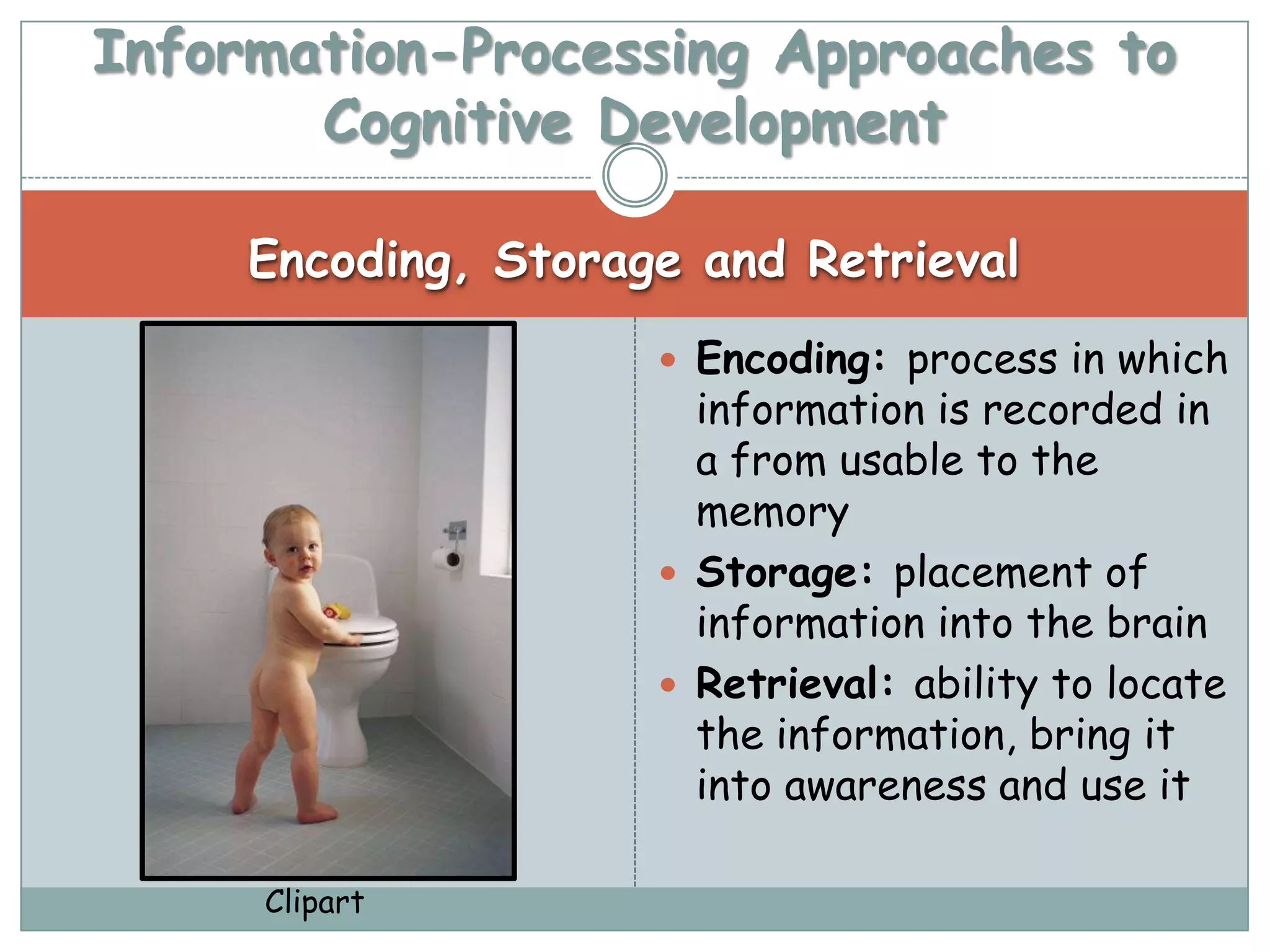 Information-Processing Approaches to
       Cognitive Development

     Encoding, Storage and Retrieval
                      Encoding: process in which
                       information is recorded in
                       a from usable to the
                       memory
                      Storage: placement of
                       information into the brain
                      Retrieval: ability to locate
                       the information, bring it
                       into awareness and use it

     Clipart
 