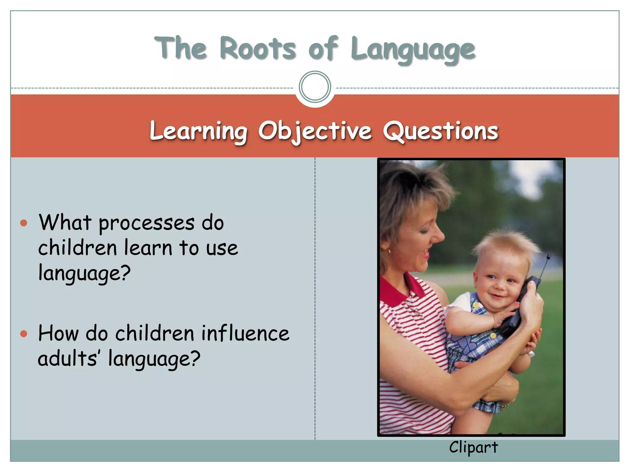 The Roots of Language

             Learning Objective Questions


 What processes do
 children learn to use
 language?

 How do children influence
 adults’ language?



                                     Clipart
 