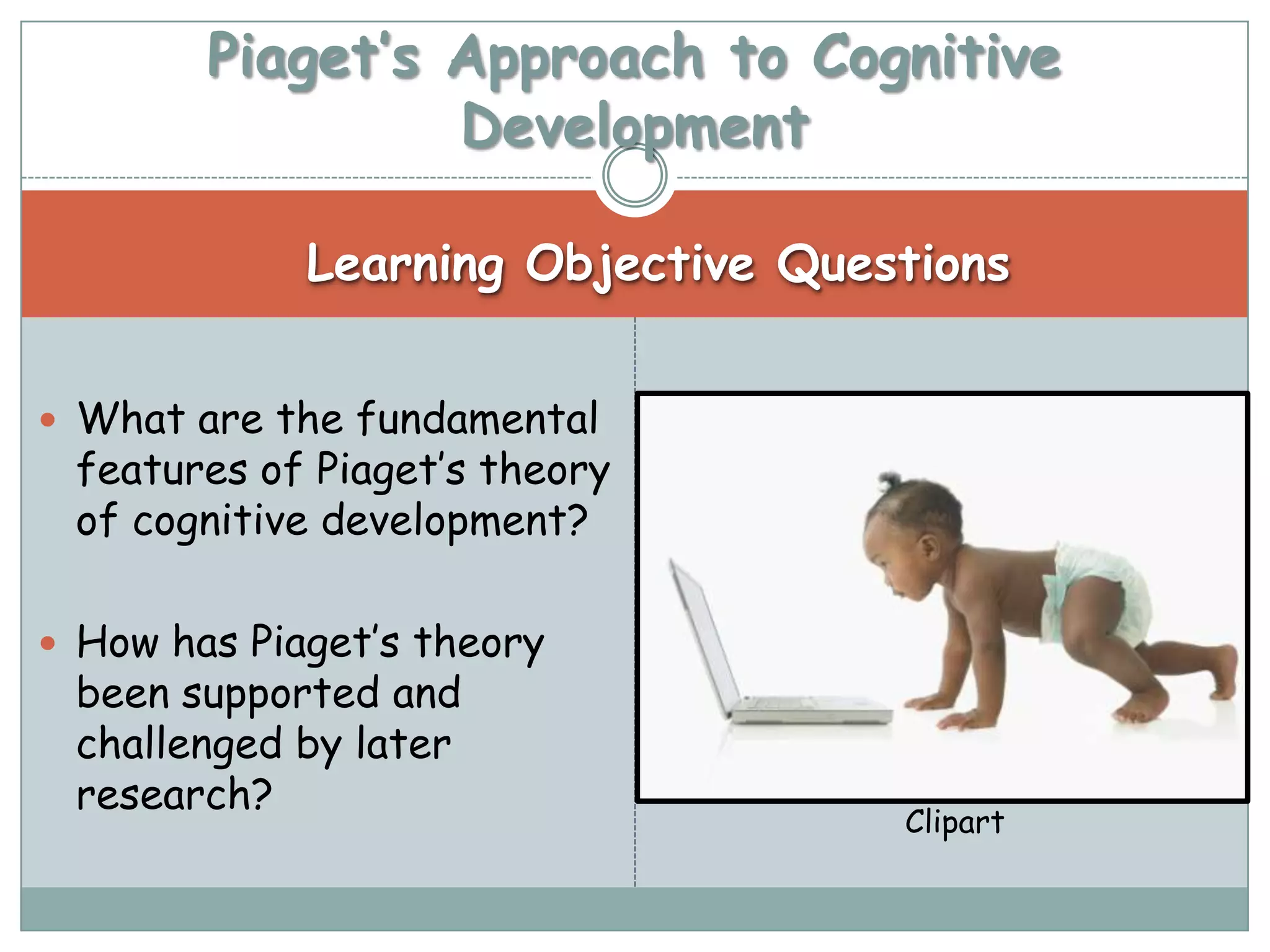 Piaget’s Approach to Cognitive
                 Development

             Learning Objective Questions


 What are the fundamental
 features of Piaget’s theory
 of cognitive development?

 How has Piaget’s theory
 been supported and
 challenged by later
 research?
                                    Clipart
 