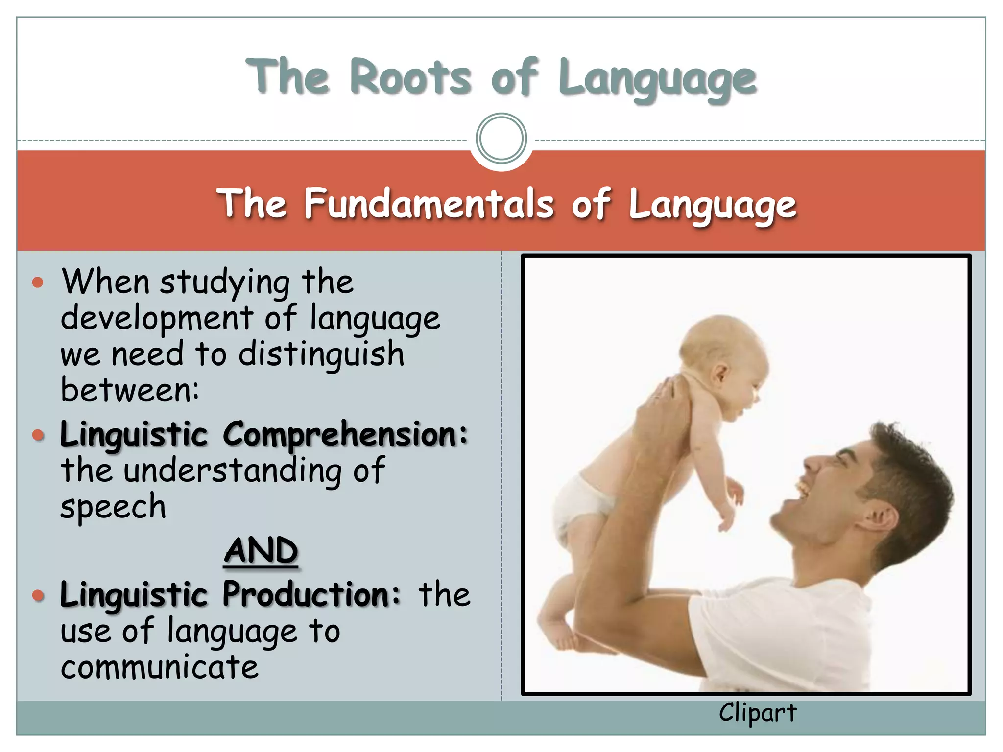 The Roots of Language

           The Fundamentals of Language
 When studying the
  development of language
  we need to distinguish
  between:
 Linguistic Comprehension:
  the understanding of
  speech
             AND
 Linguistic Production: the
  use of language to
  communicate
                                   Clipart
 