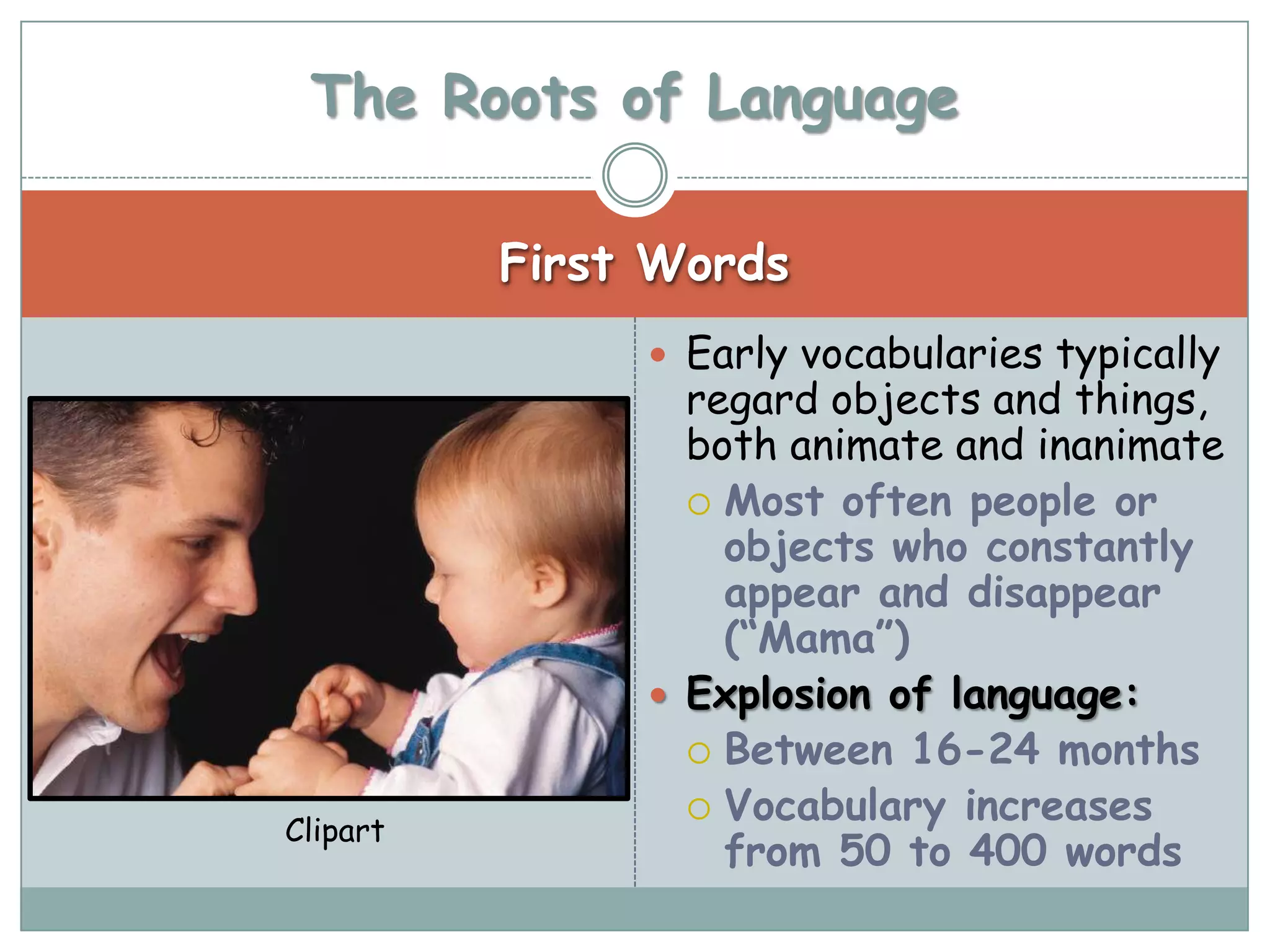 The Roots of Language

          First Words
                Early vocabularies typically
                 regard objects and things,
                 both animate and inanimate
                  Most often people or
                   objects who constantly
                   appear and disappear
                   (“Mama”)
                Explosion of language:
                  Between 16-24 months
                  Vocabulary increases
Clipart
                   from 50 to 400 words
 