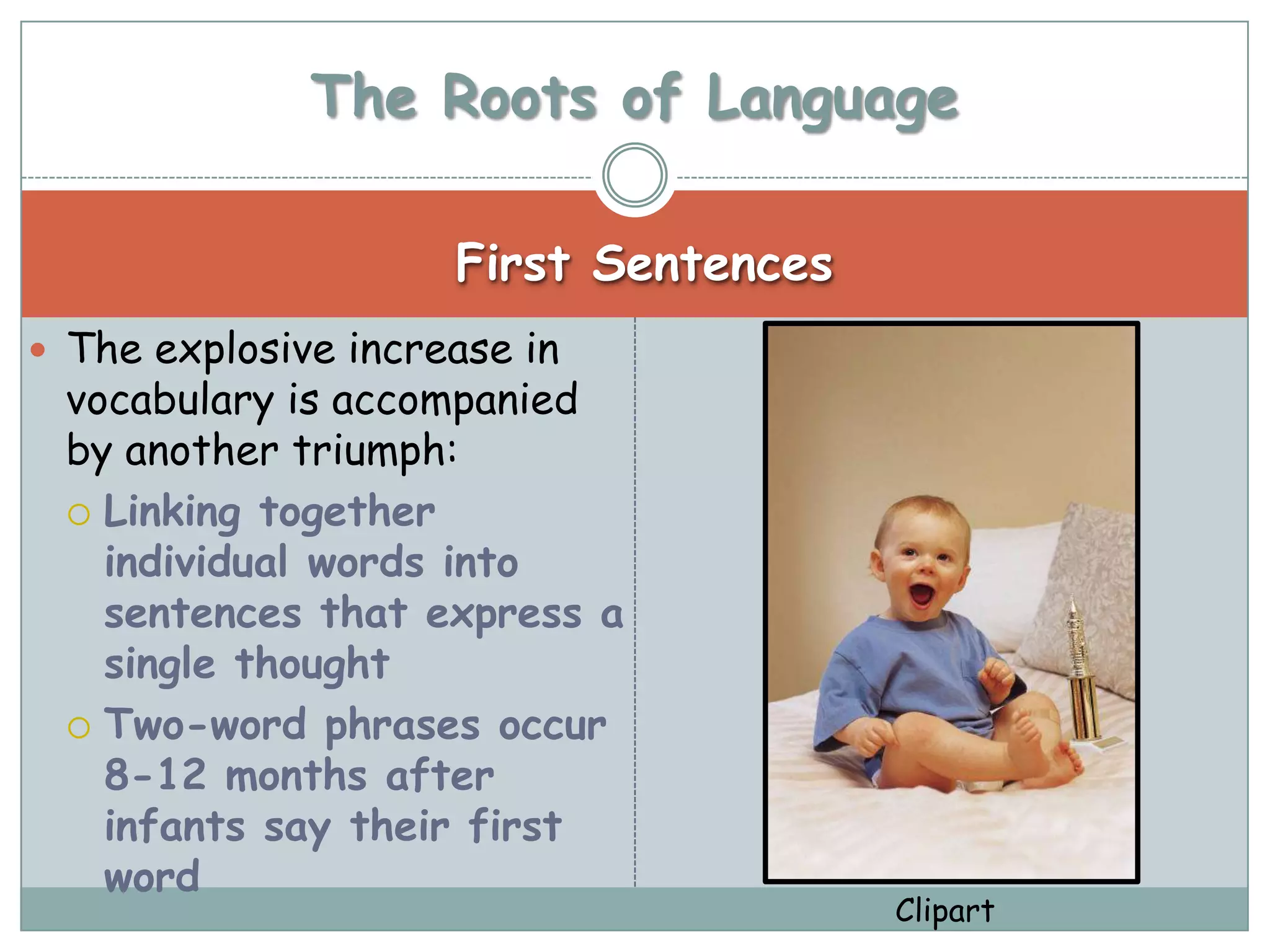 The Roots of Language

                     First Sentences
 The explosive increase in
 vocabulary is accompanied
 by another triumph:
  Linking together
   individual words into
   sentences that express a
   single thought
  Two-word phrases occur
   8-12 months after
   infants say their first
   word
                                       Clipart
 