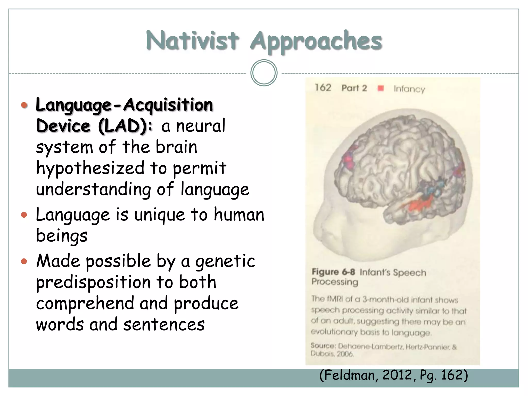 Nativist Approaches

 Language-Acquisition
  Device (LAD): a neural
  system of the brain
  hypothesized to permit
  understanding of language
 Language is unique to human
  beings
 Made possible by a genetic
  predisposition to both
  comprehend and produce
  words and sentences

                                (Feldman, 2012, Pg. 162)
 