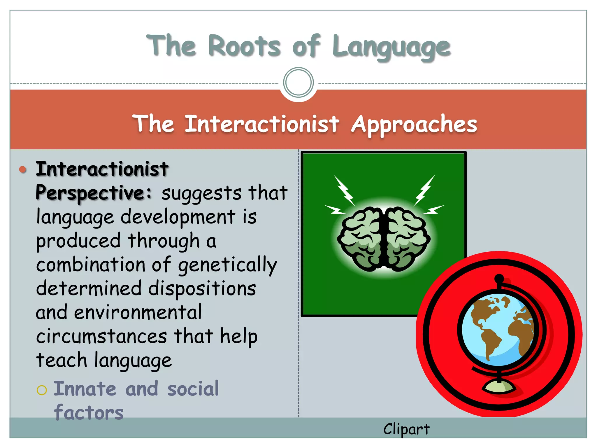 The Roots of Language

            The Interactionist Approaches
 Interactionist
 Perspective: suggests that
 language development is
 produced through a
 combination of genetically
 determined dispositions
 and environmental
 circumstances that help
 teach language
  Innate and social
   factors
                                 Clipart
 