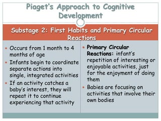 Piaget’s Approach to Cognitive
                  Development
  Substage 2: First Habits and Primary Circular
                    Reactions
 Occurs from 1 month to 4       Primary Circular
  months of age                   Reactions: infant’s
 Infants begin to coordinate
                                  repetition of interesting or
  separate actions into           enjoyable activities, just
  single, integrated activities   for the enjoyment of doing
                                  them
 If an activity catches a
                                 Babies are focusing on
  baby’s interest, they will
  repeat it to continue           activities that involve their
  experiencing that activity      own bodies
 
