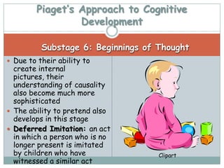 Piaget’s Approach to Cognitive
                 Development

          Substage 6: Beginnings of Thought
 Due to their ability to
  create internal
  pictures, their
  understanding of causality
  also become much more
  sophisticated
 The ability to pretend also
  develops in this stage
 Deferred Imitation: an act
  in which a person who is no
  longer present is imitated
  by children who have              Clipart
  witnessed a similar act
 