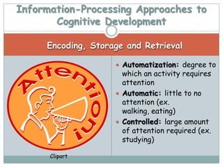 Information-Processing Approaches to
       Cognitive Development

     Encoding, Storage and Retrieval

                     Automatization: degree to
                      which an activity requires
                      attention
                     Automatic: little to no
                      attention (ex.
                      walking, eating)
                     Controlled: large amount
                      of attention required (ex.
                      studying)

      Clipart
 