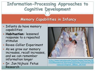 Information-Processing Approaches to
           Cognitive Development

              Memory Capabilities in Infancy
 Infants do have memory
    capabilities
   Habituation: lessened
    response to a repeated
    stimulus
   Rovee-Collier Experiment
   As we grow our memory
    increases, recall increases,
    and we can remember
    information longer             http://www.tusculum.edu/faculty/home/tharlow/DE
                                   V%20Residential/Working%20folder%20clutter%20
   Dr. Jan Nijhuis: Fetus                 removal/Chapter_5BDev_SK.html
    Research
 