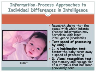 Information-Process Approaches to
Individual Differences in Intelligence


                    Research shows that the
                     speed with which infants
                     process information may
                     correlate with later
                     intelligence (academic)
                    Test speed of processing
                     by using:
                    1. A habituation test:
                     faster the baby turns away
                     = speed of processing
                    2. Visual recognition test:
     Clipart         the memory and recognition
                     of a stimulus that has been
                     previously seen
 