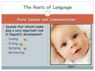 The Roots of Language

         Early Sounds and Communication
 Sounds that infants make
 play a very important role
 in linguistic development:
  Cooing

  Crying

  Gurgling

  Murmuring




                                   Clipart
 