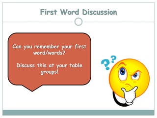 First Word Discussion



Can you remember your first
        word/words?

 Discuss this at your table
          groups!
 