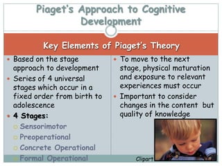 Piaget’s Approach to Cognitive
                 Development

          Key Elements of Piaget’s Theory
 Based on the stage           To move to the next
  approach to development       stage, physical maturation
 Series of 4 universal         and exposure to relevant
  stages which occur in a       experiences must occur
  fixed order from birth to    Important to consider
  adolescence                   changes in the content but
 4 Stages:                     quality of knowledge
   Sensorimotor

   Preoperational

   Concrete Operational

   Formal Operational              Clipart
 