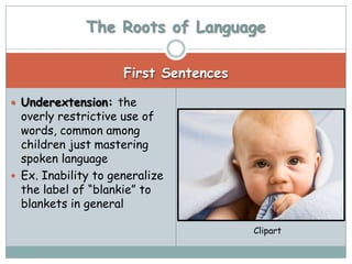 The Roots of Language

                     First Sentences

 Underextension: the
  overly restrictive use of
  words, common among
  children just mastering
  spoken language
 Ex. Inability to generalize
  the label of “blankie” to
  blankets in general

                                       Clipart
 