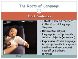 The Roots of Language

          First Sentences
                  Infants show differences
                   in the style of language
                   they use
                  Referential Style:
                   language is used primarily
                   to label objects (American)
                  Expressive Style: language
                   is used primarily to express
                   feelings and needs about
                   oneself and others
                   (Chinese)
Clipart
 